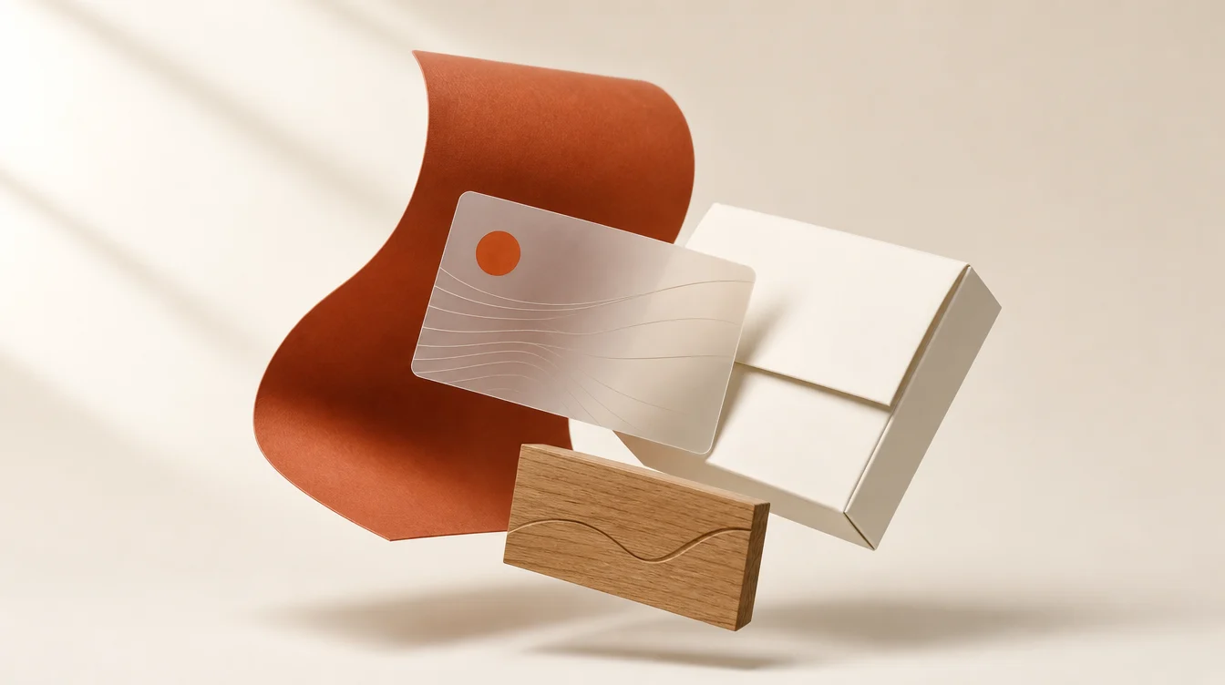 Composición de papel terracota, una tarjeta, un empaque y madera: distintas posibilidades para una marca.