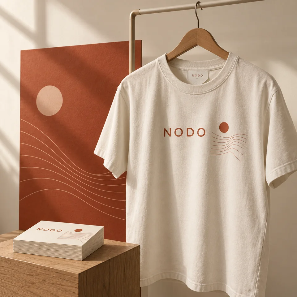 Playera de algodón impresa, gráfica de campaña y tarjetas coordinadas. Aplicación ilustrativa generada con IA.