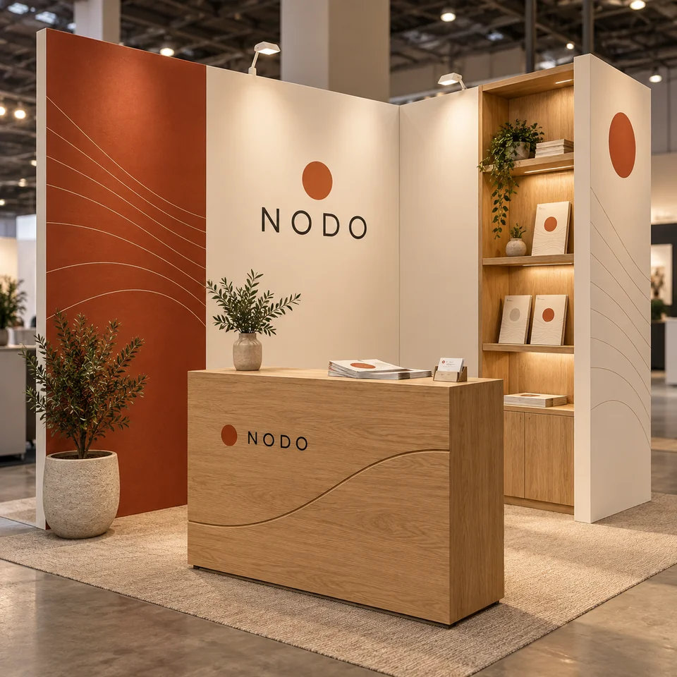 Stand corporativo con gráfica terracota, exhibidores y mostrador de madera. Aplicación ilustrativa generada con IA.