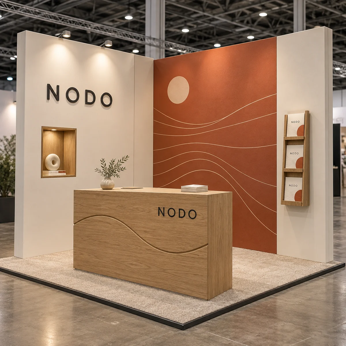 Stand corporativo con gráfica de gran formato, letras de volumen, exhibidor y mostrador de madera. Imagen ilustrativa generada con IA.