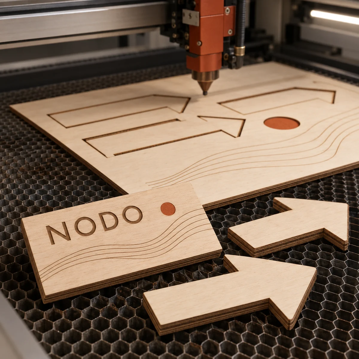 Detalle de corte y grabado láser en madera, con placa grabada y flechas recortadas sobre una cama de trabajo. Imagen ilustrativa generada con IA.