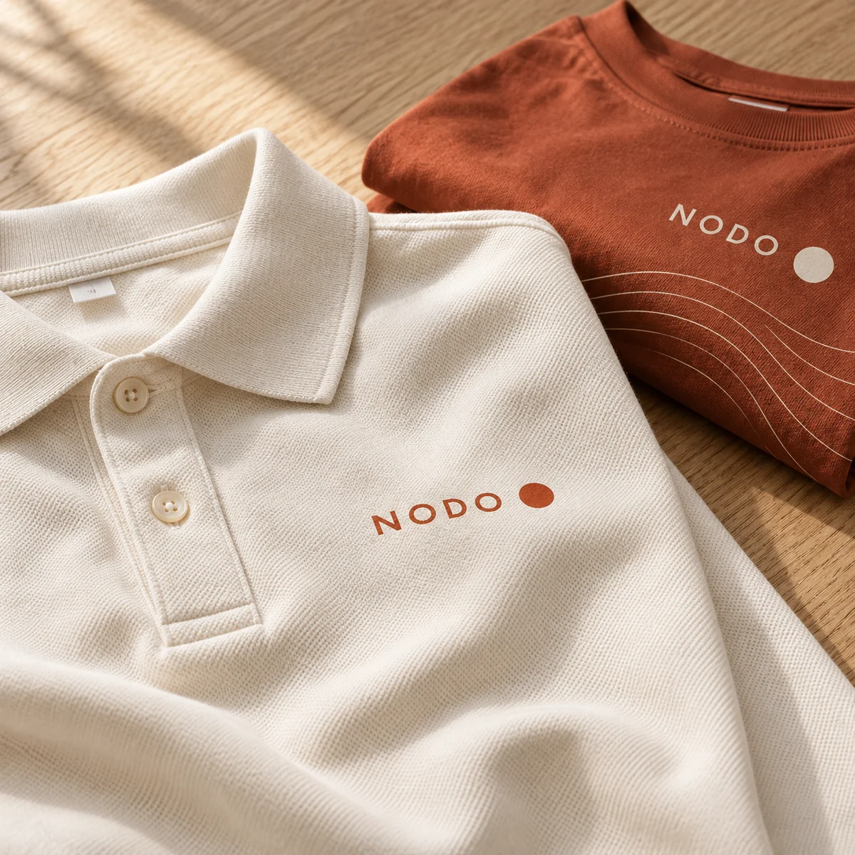 Impresión de identidad corporativa sobre una polo y una playera, con detalle del tejido y la tinta. Imagen ilustrativa generada con IA.